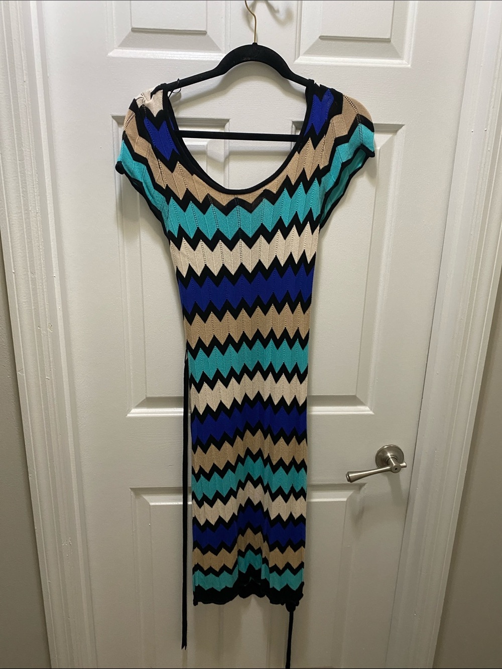 Source Unknown Scoop-Neck Zigzag Midi Dress in Teal, Cobalt & Tan (M)